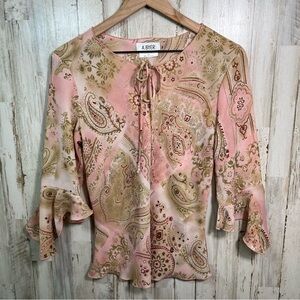 Vintage Y2K A. Byer Paisley Floral Pink Bell Sleeve Long‎ Top USA Womens Large